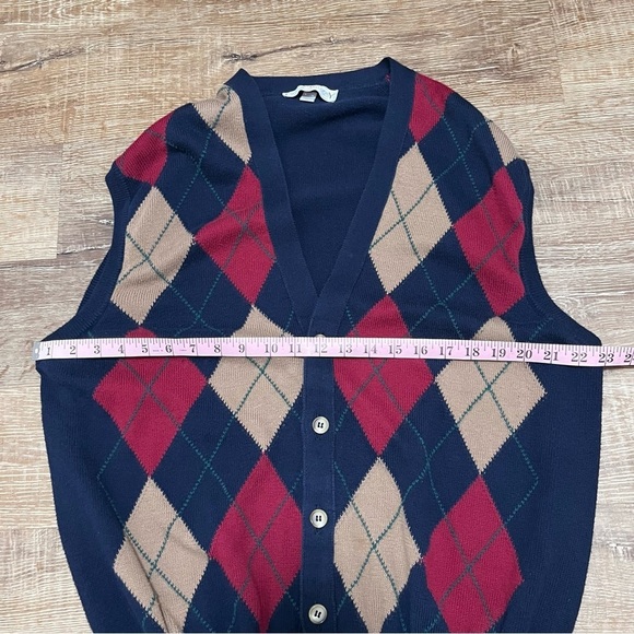 VINTAGE Clark & Gregory Argyle Cotton Navy Blue Red Tan Sweater Vest Size XL - Picture 7 of 7